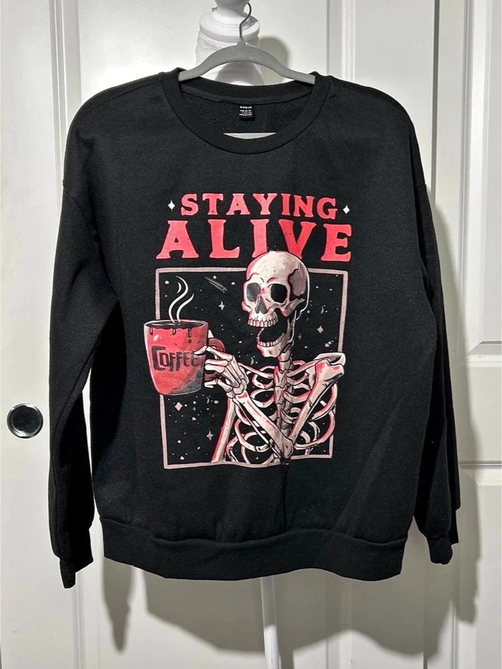 Staying Alive Skeleton & Coffee pull over sweatshirt black LG, pre-owned